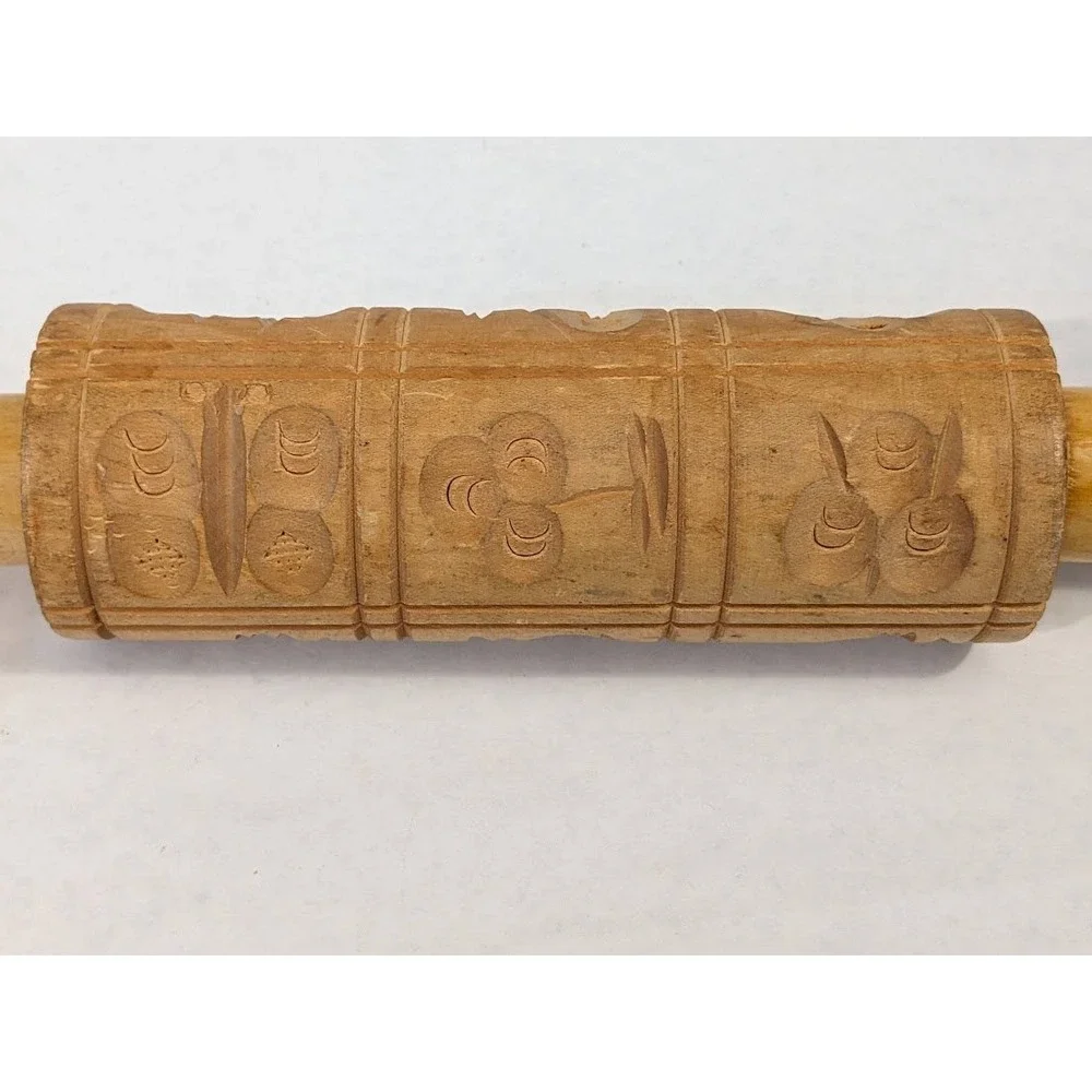 Vintage Wooden Springerle Rolling Pin Carved Bird Butterfly Flower Cookie Mold